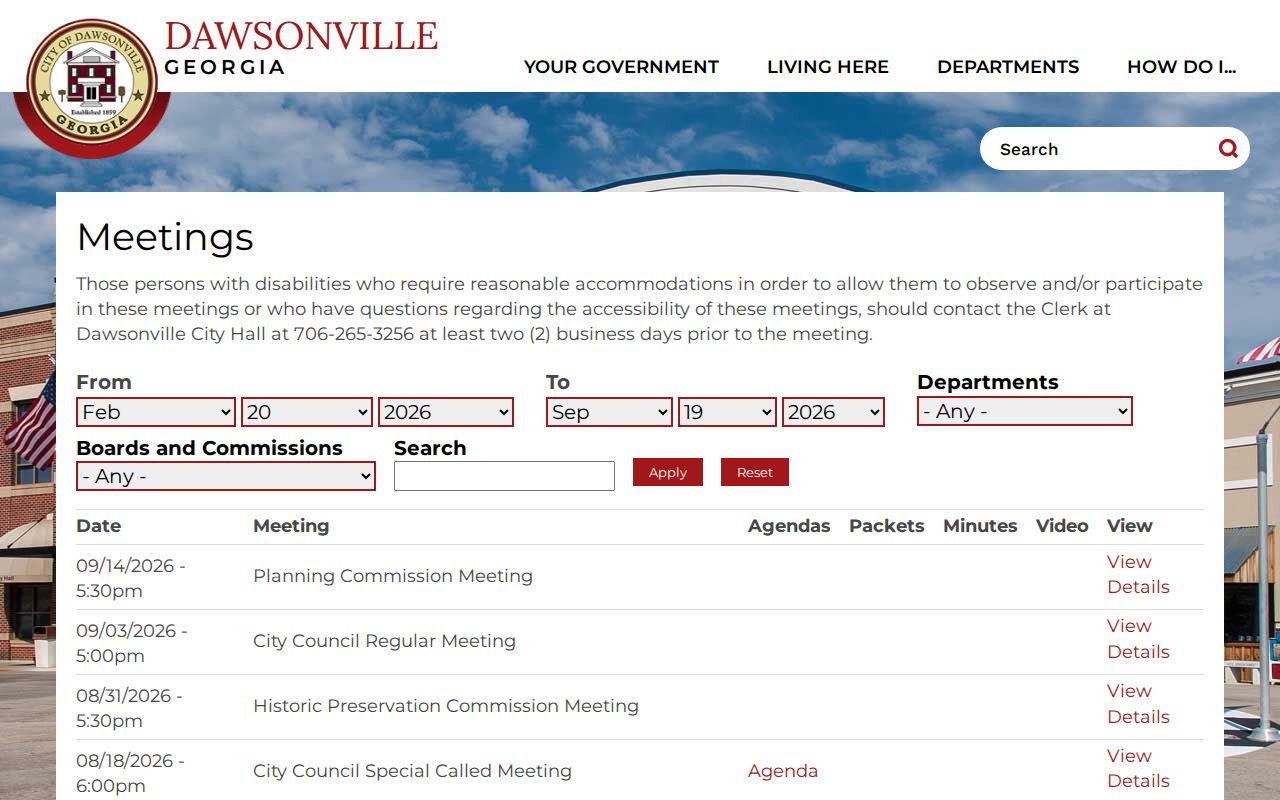 Dawsonville court docket city meetings search interface