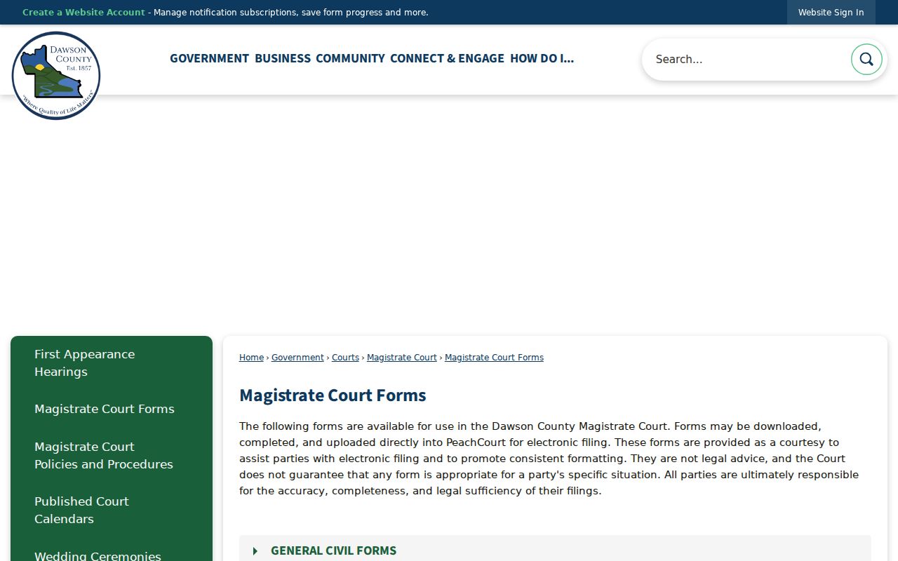 Dawson County civil docket Magistrate Court form catalog