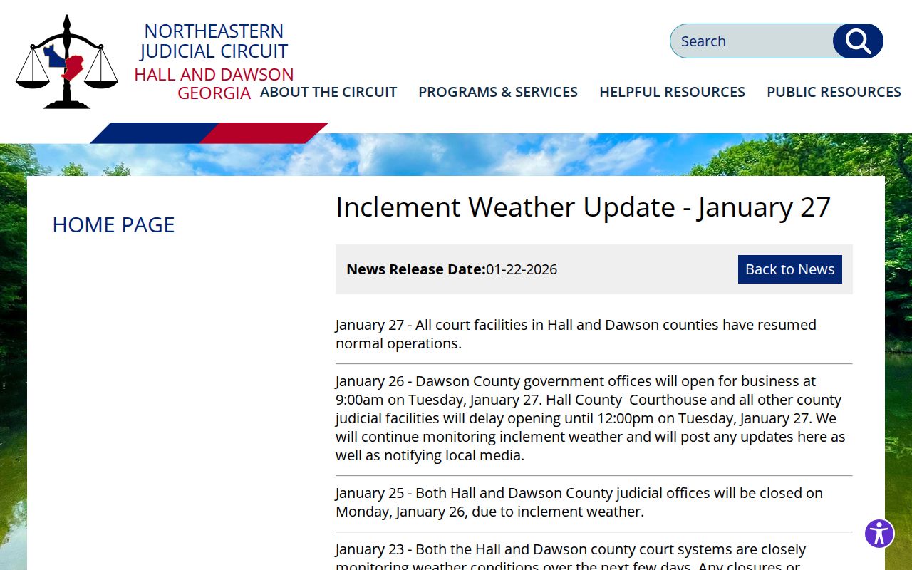 Dawson County court calendar January 2026 closure and delayed opening notice