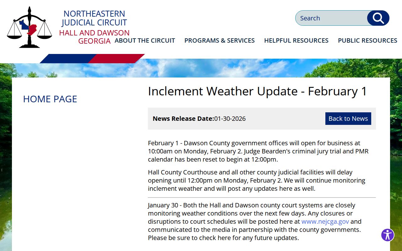 Dawson County court calendar February 2026 opening and reset notice